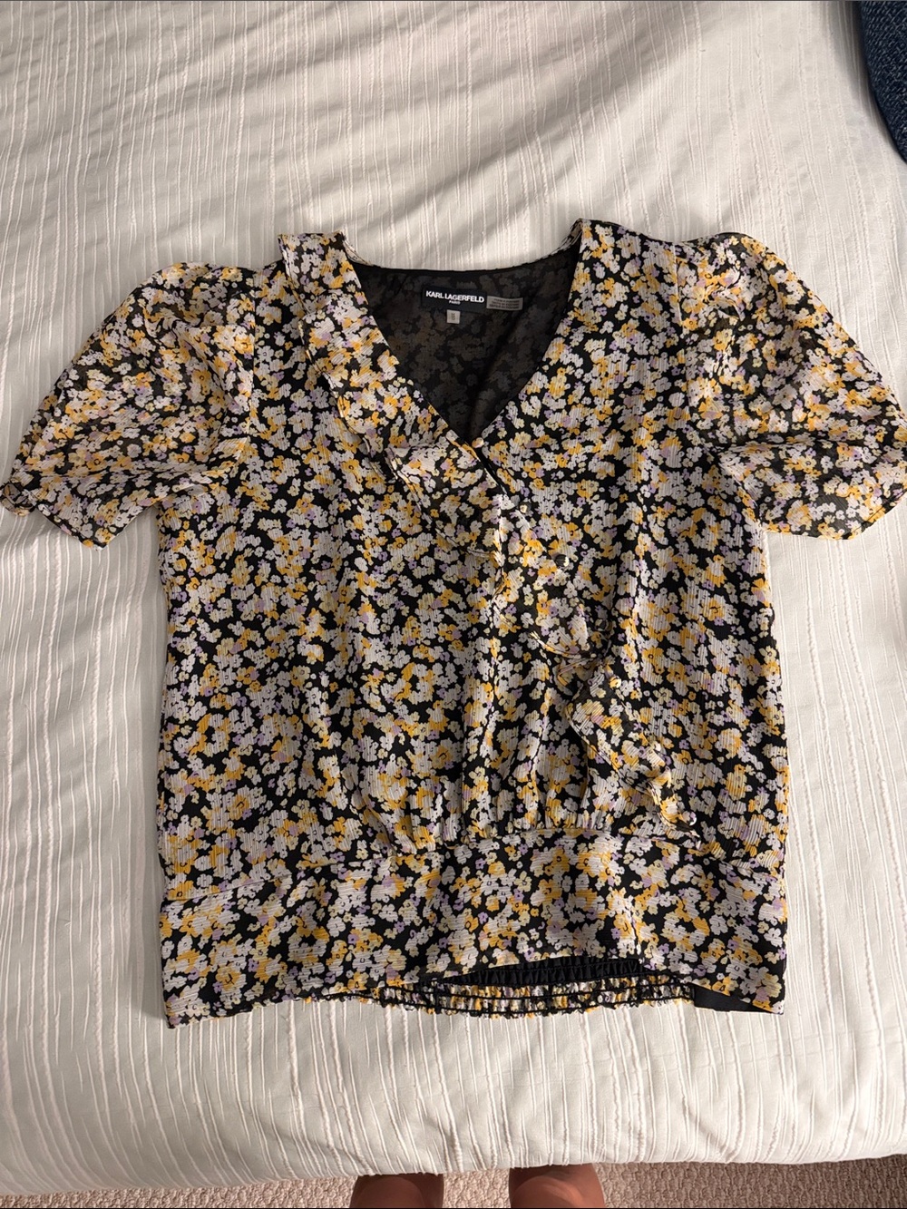 Karl Lagerfeld Black Floral Wrap Blouse with Yellow & White Blooms